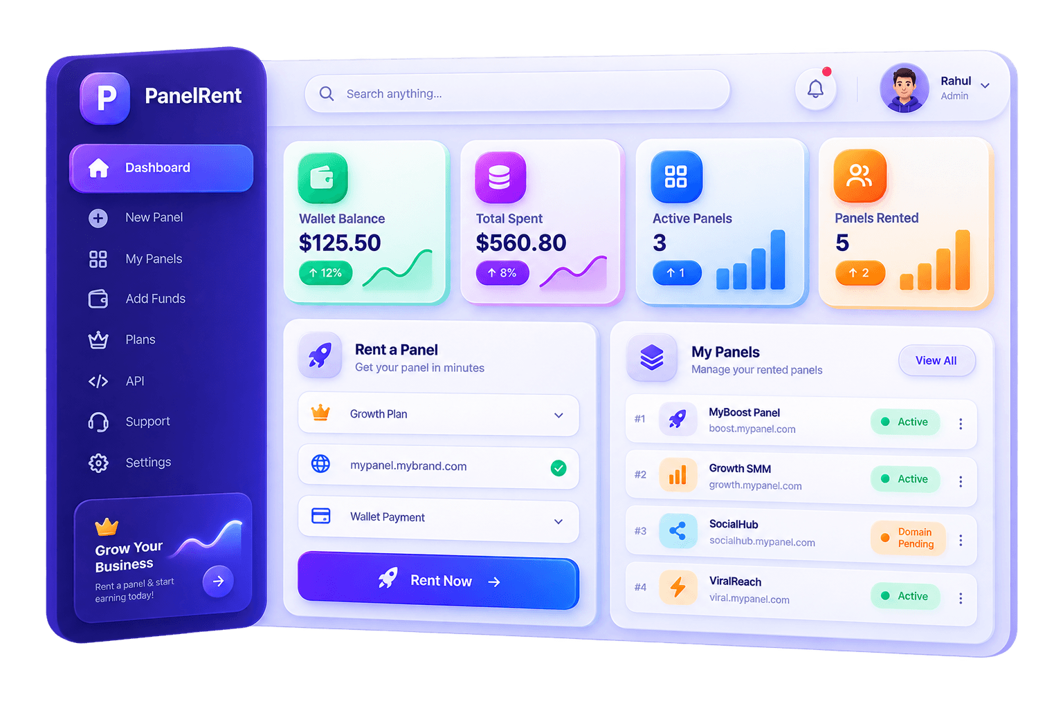 SMM Panel Rental dashboard showing wallet balance, active panels, and a list of rented panels
