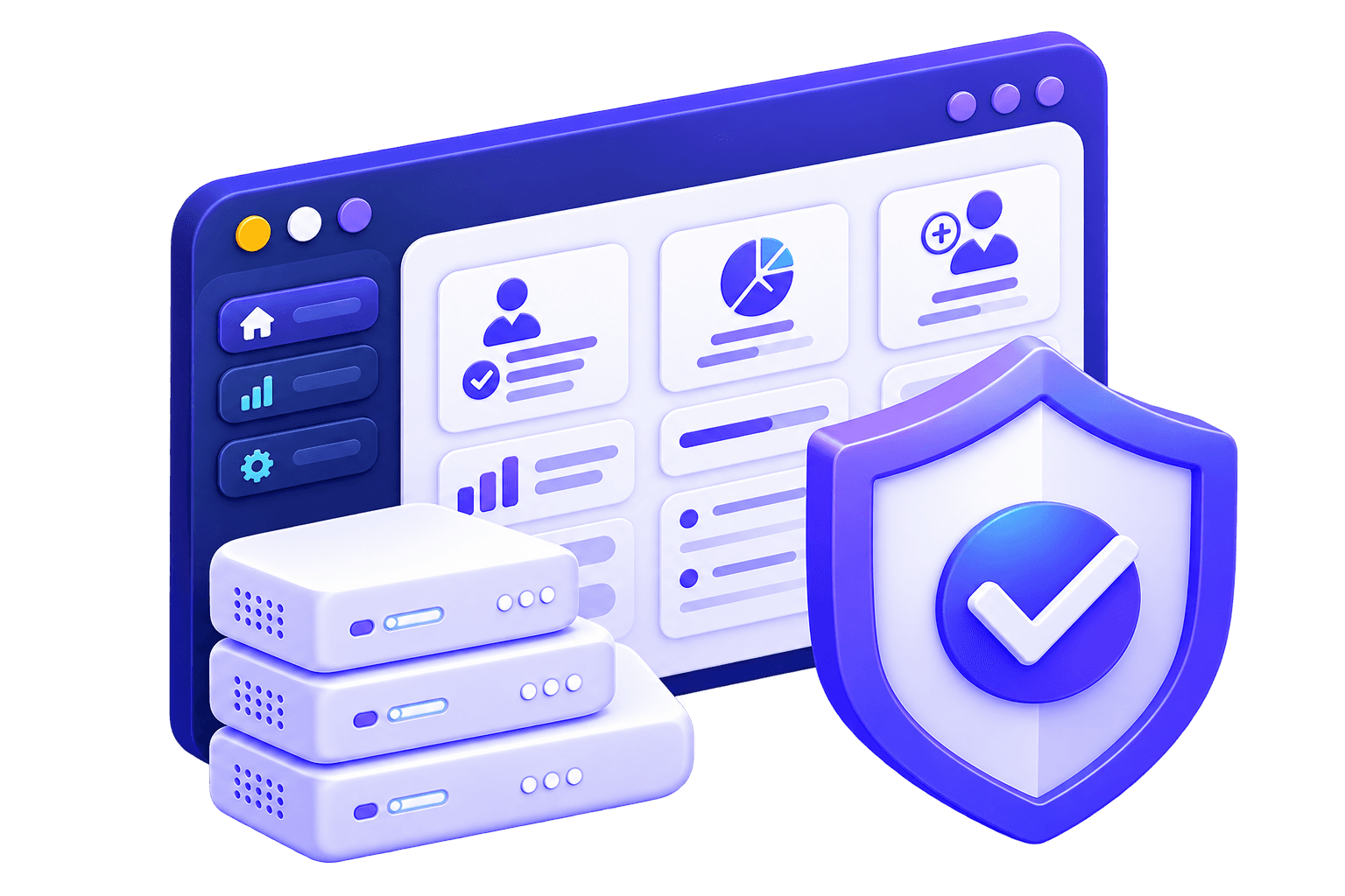 Panel dashboard, servers, and security shield representing a hosted, secure SMM panel